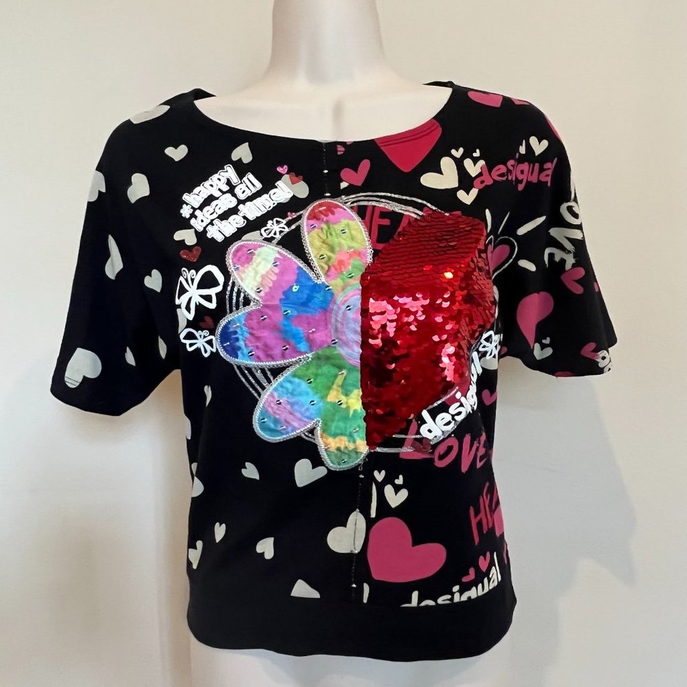 NWT Desigual Girls Reversible Sequins Top, 100% Cotton, sz 9-10